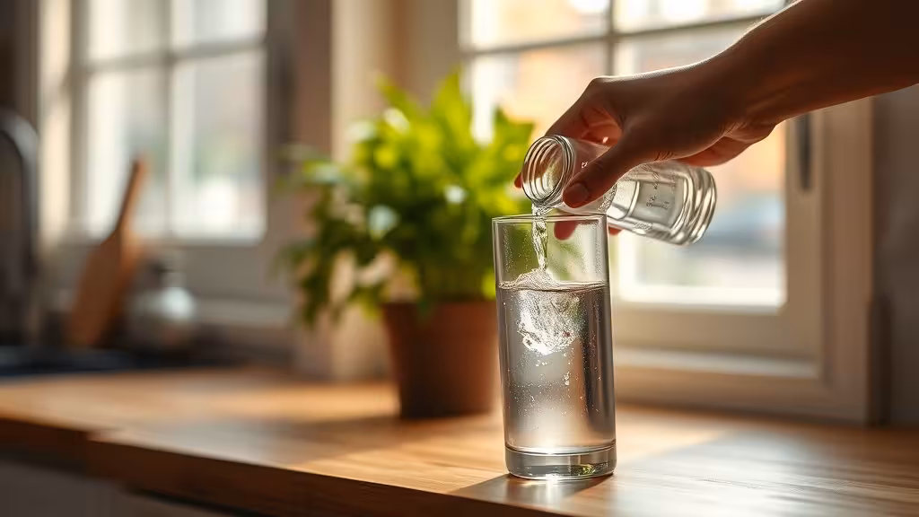 Eau structurée coulée dans un verre, ambiance de bien-être domestique en lumière naturelle.