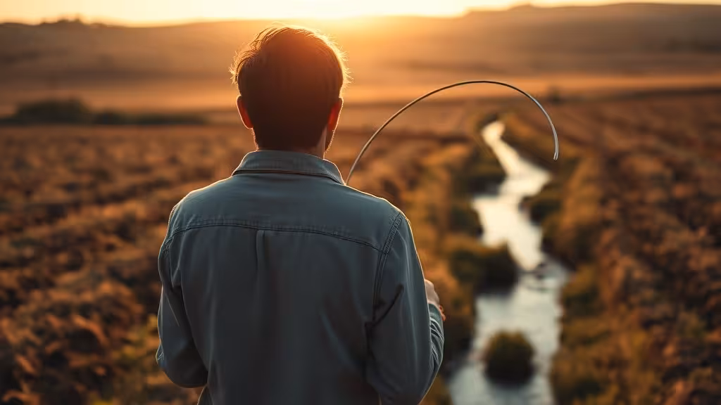 Sourcier tenant une baguette de radiesthésie en silhouette face à une source d'eau dans un paysage campagnard