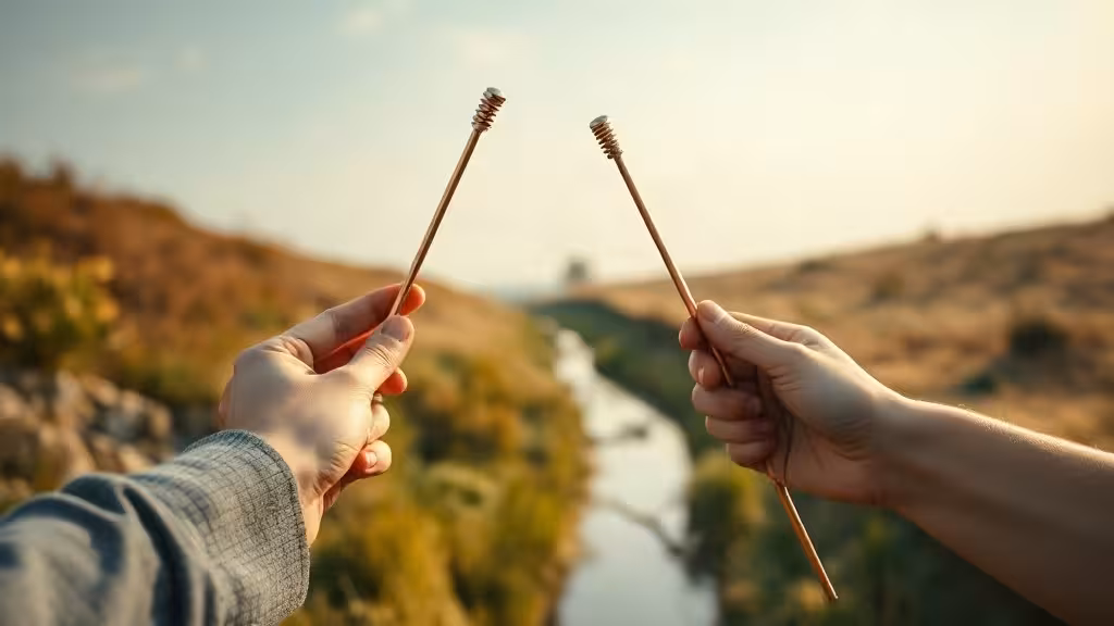 Baguette divinatoire cuivre tenue près d’un ruisseau dans une prairie naturelle