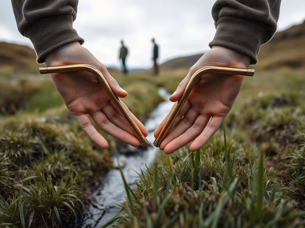 Utilisation de deux baguettes divinatoires en cuivre pour rechercher de l’eau