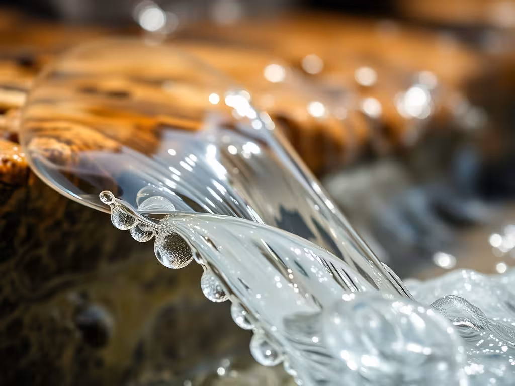 Eau claire et cristalline en gros plan, évoquant le lien entre sensibilité radiesthésique et la recherche d'eau vivante.