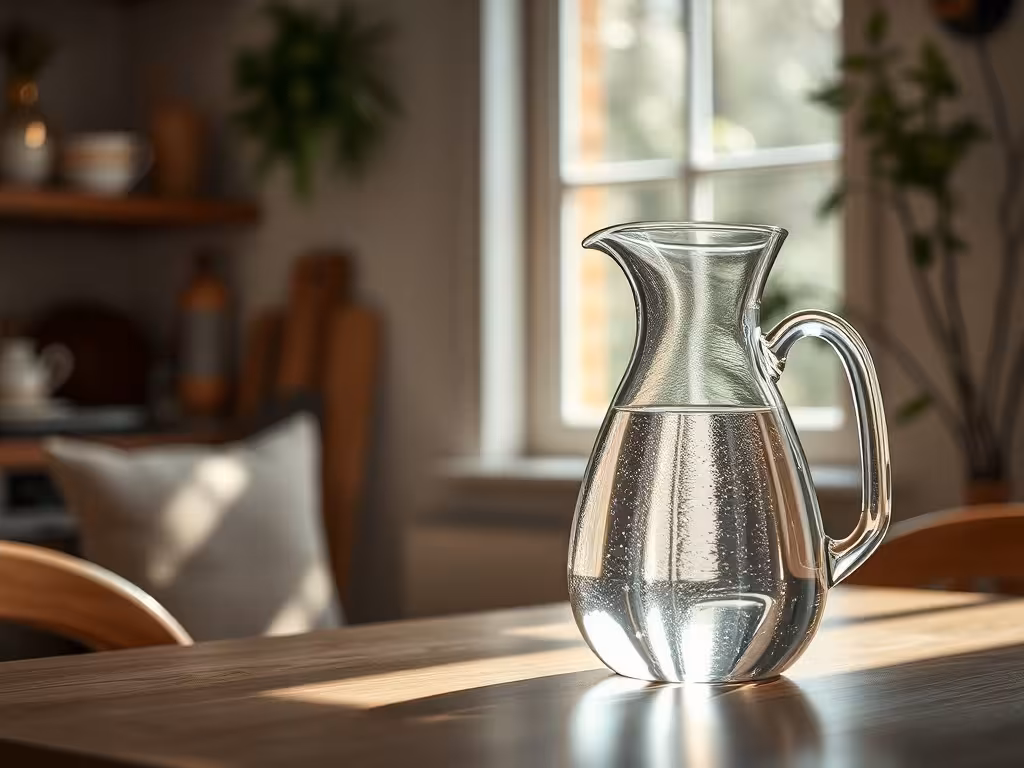 Carafe d'eau filtrée dans un espace de vie aménagé holistiquement pour améliorer le taux vibratoire