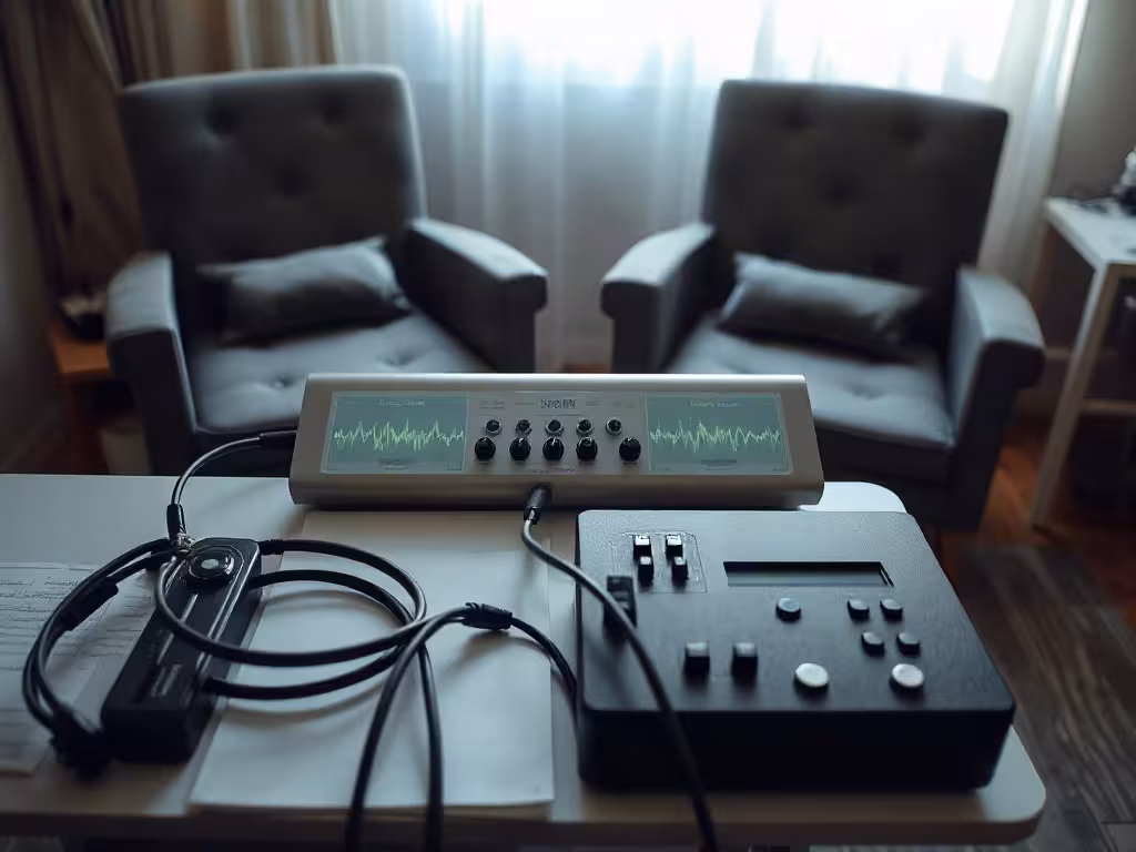 Décor d’une séance de biorésonance avec appareil électronique non médical identifiable.