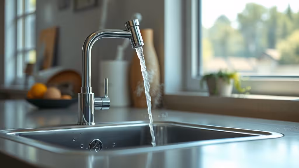 Robinet d'eau chaude avec vapeur montante dans une cuisine lumineuse