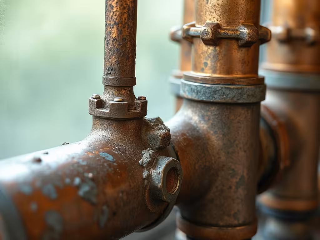 Gros plan sur une canalisation de cuivre oxydée avec dépôts minéraux
