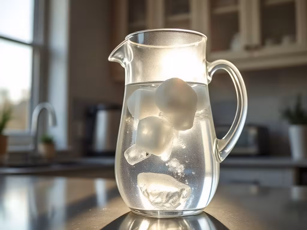 Carafe d'eau froide filtrée illuminée par la lumière du jour dans une cuisine