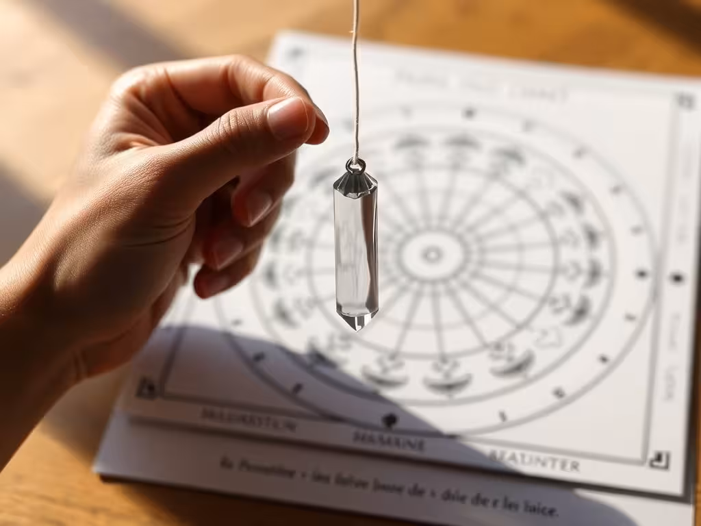Pendule suspendu au-dessus d'un cadran de radiesthésie blanc et noir, démonstration pratique de la radiesthésie.
