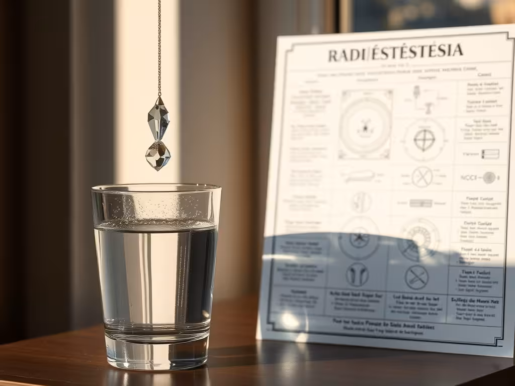 Cadran de radiesthésie avec pendule testé sur verre d'eau claire, exploration traditionnelle du lien eau et radiesthésie.