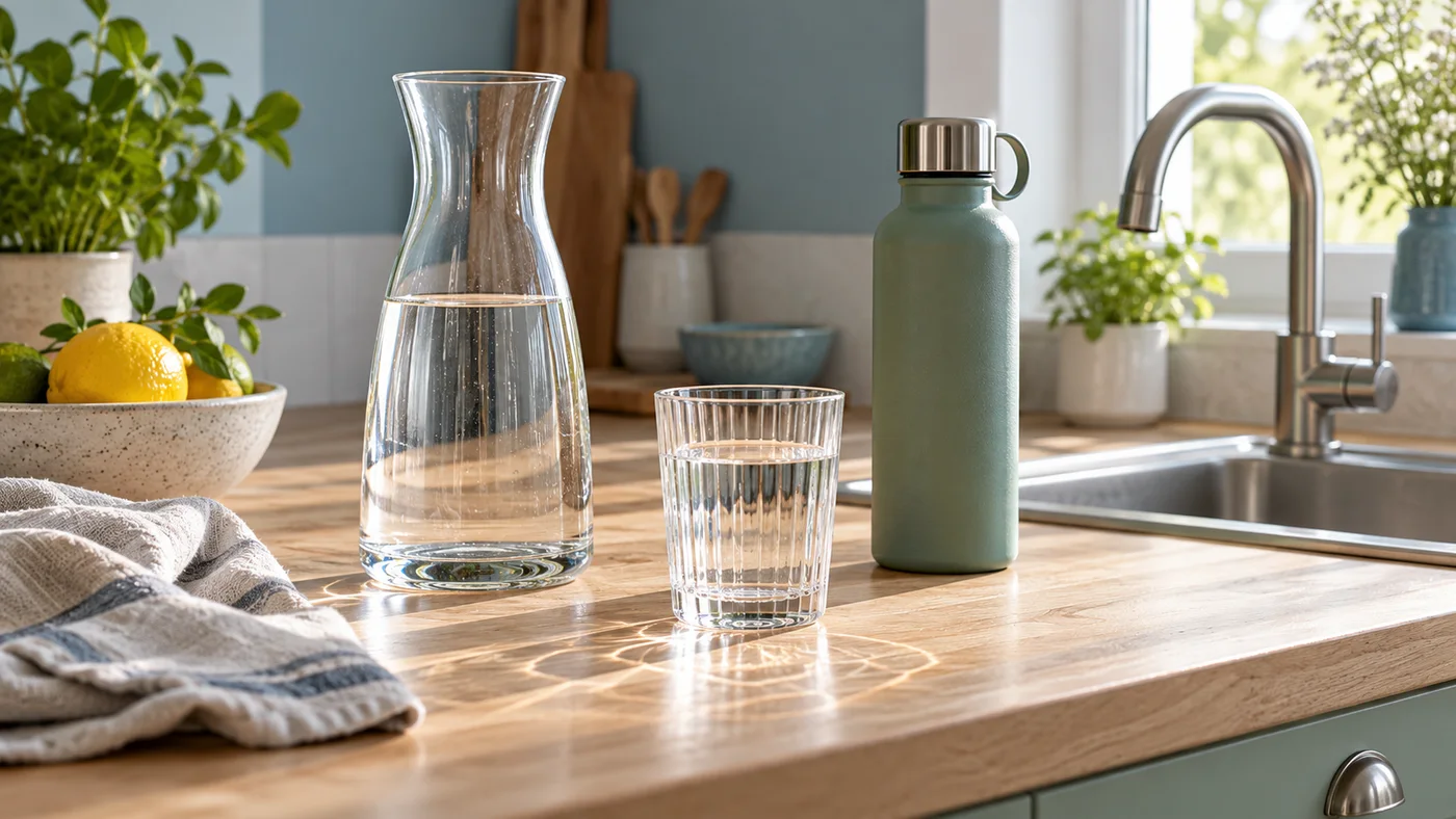 Une carafe et un verre d’eau accompagnent un raccord de vortex rose.