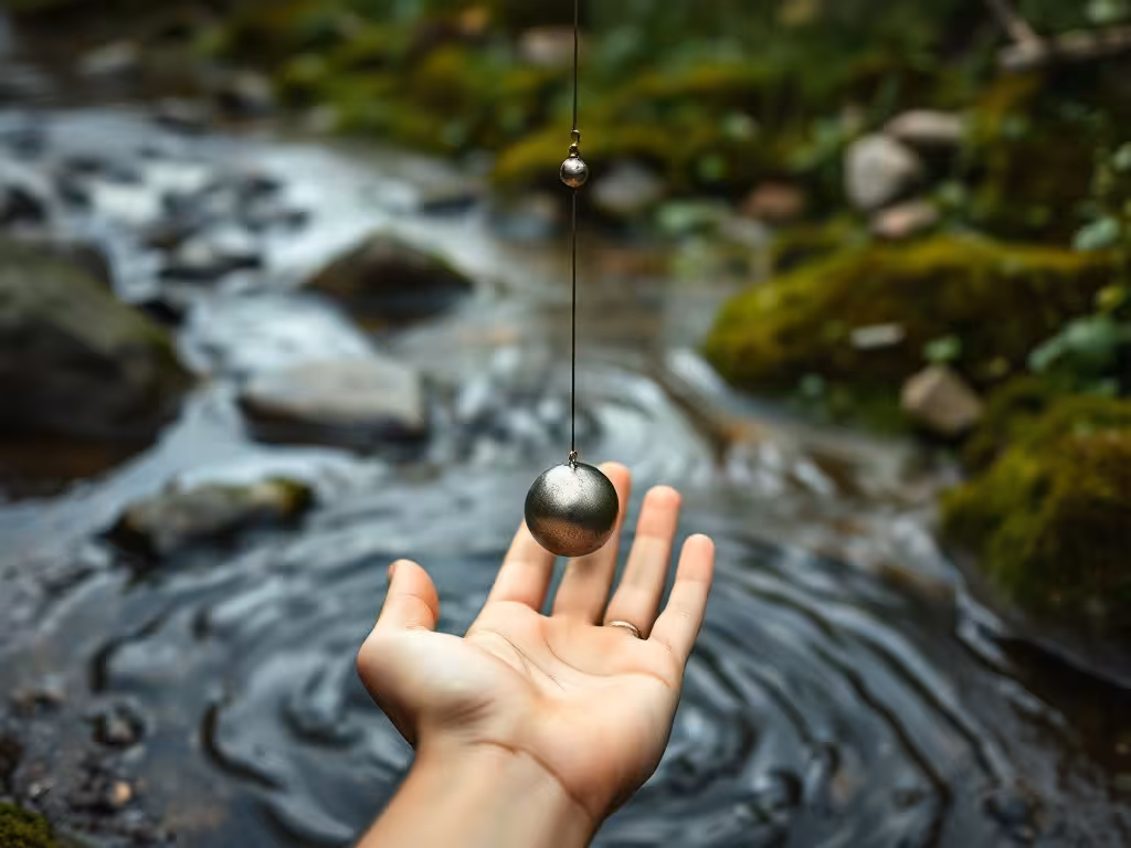 Pendule de radiesthésie près de l'eau, symbole de la tradition des sourciers