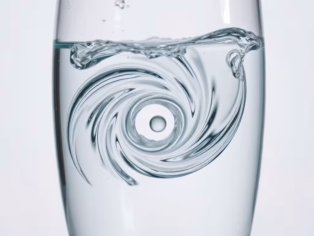 Vortex d'eau en mouvement dans un verre transparent, illustrant la dynamisation par l'agitation