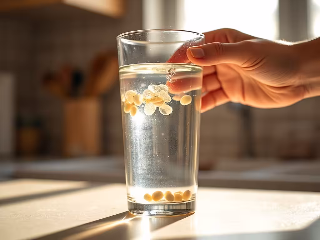 Verre d'eau avec perles de céramique en environnement domestique, méthode pratique de dynamisation quotidienne