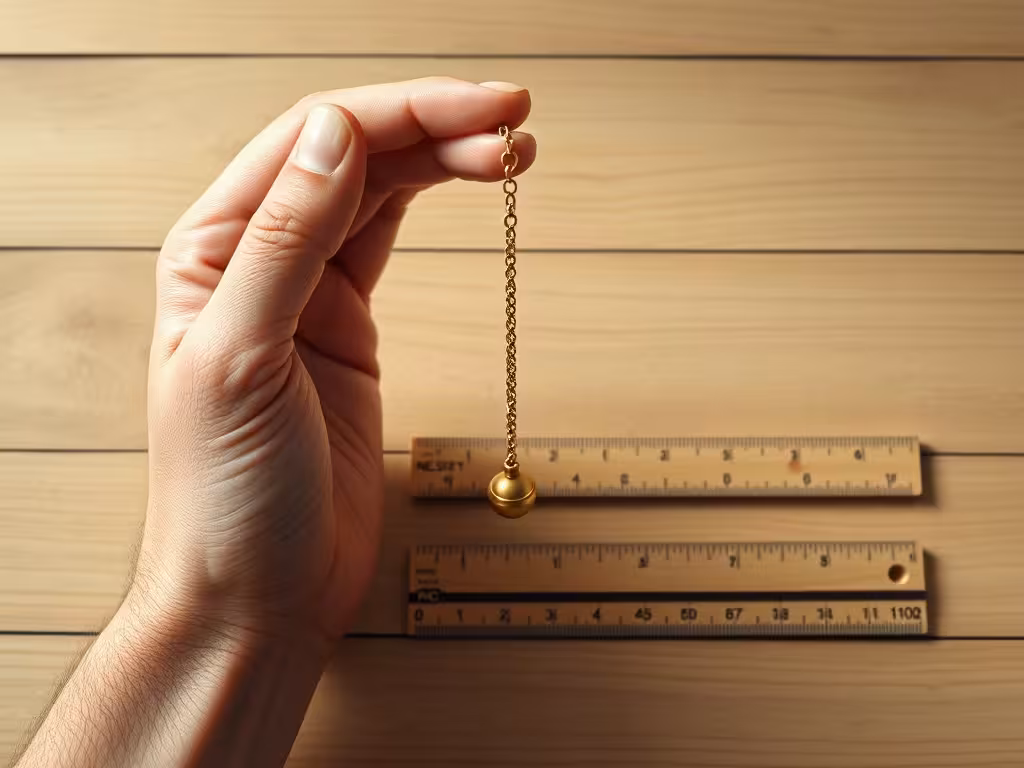 Longueur de chaîne recommandée pour tenir un pendule de radiesthésie avec une main détendue.