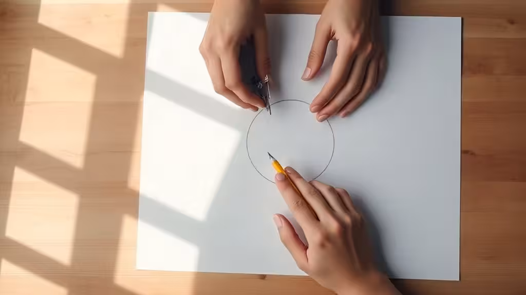 Dessin d'une fleur de vie au compas sur du papier blanc, capturant le moment de tracé géométrique.