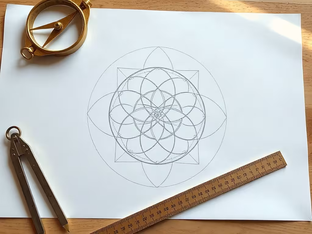 Une fleur de vie complètement tracée au compas sur du papier blanc, avec les outils de dessin géométrique à proximité.