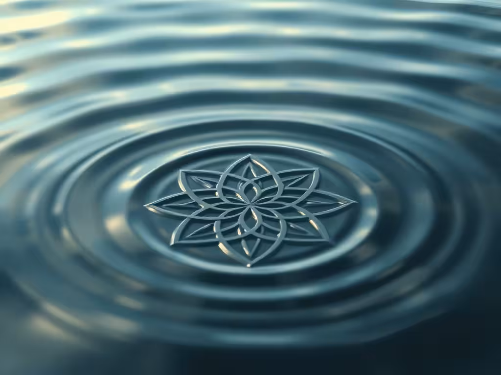 Fleur de vie géométrique reflétée dans l'eau calme, symbolisant l'harmonie entre géométrie sacrée et énergie de l'eau.