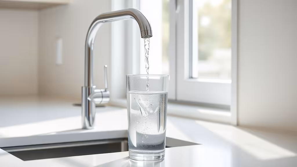 Robinet de cuisine versant une eau claire et cristalline dans un verre transparent, lumière naturelle douce