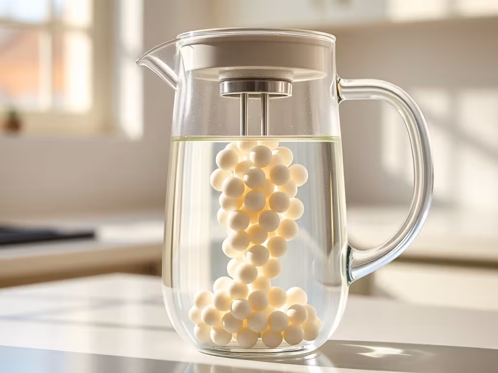 Carafe filtrante avec perles de céramique immergées, eau filtrée claire et limpide