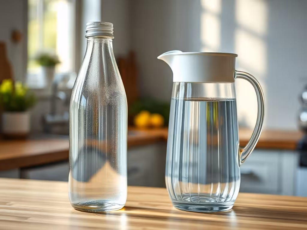 Bouteille d'eau réutilisable en verre et carafe filtrante remplies d'eau, réduction du plastique