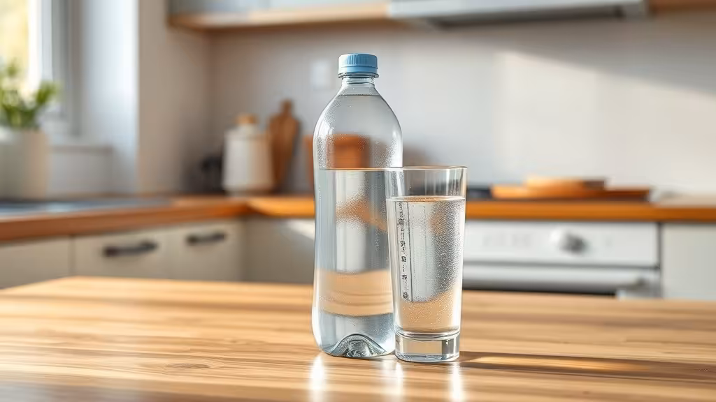 Bouteille d'eau en plastique et verre d'eau filtrée du robinet sur une table de cuisine lumineuse