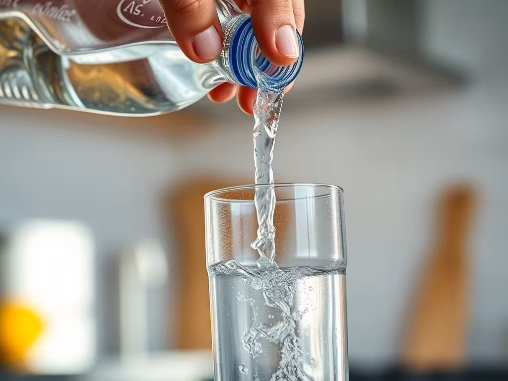 Versement d'eau d'une bouteille en plastique dans un verre, montrant le flux d'eau