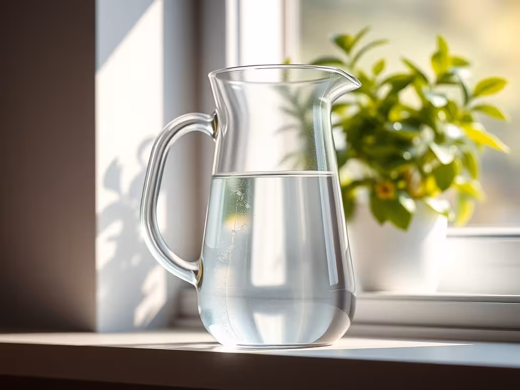 Carafe d'eau filtrée devant une fenêtre ensoleillée, représentant une solution durable de filtration domestique