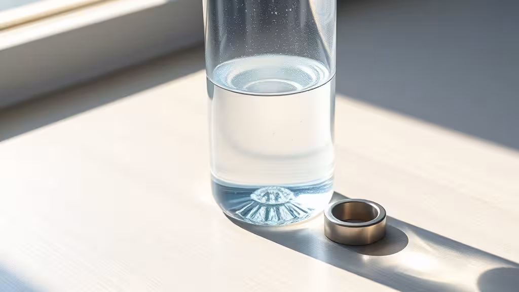 Gourde d'eau cristalline éclairée naturellement avec un petit aimant, évoquant la magnétisation de l'eau domestique