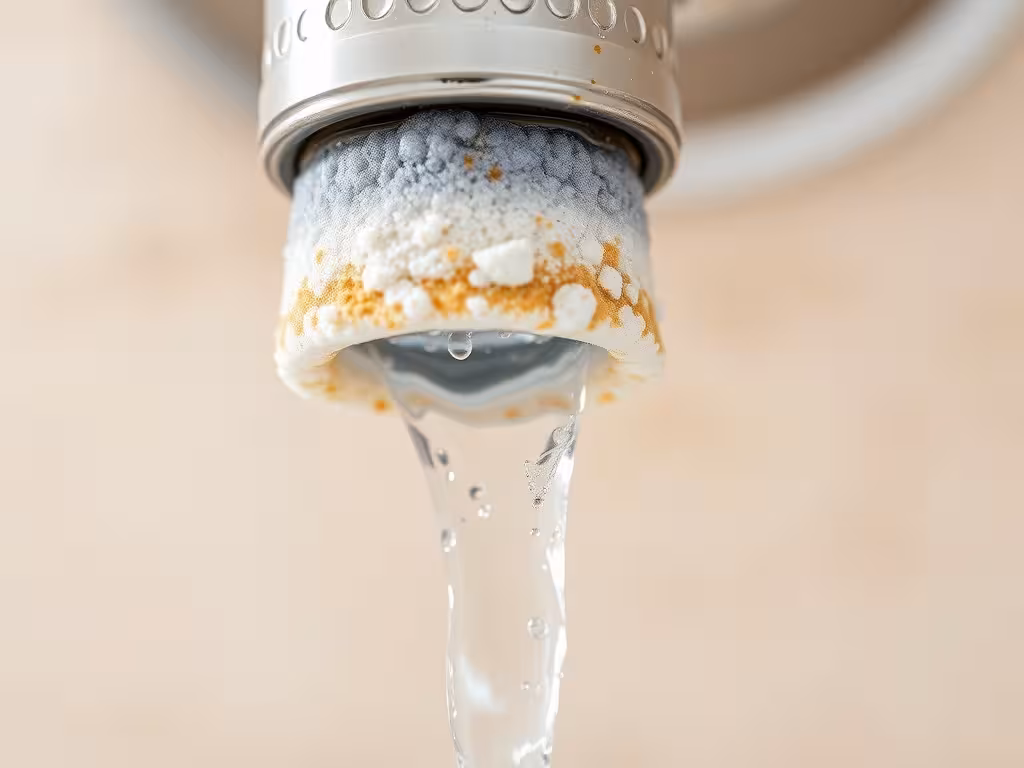 Robinet de salle de bain avec dépôts visibles de calcaire blanc, illustration du défi de l'eau très chargée