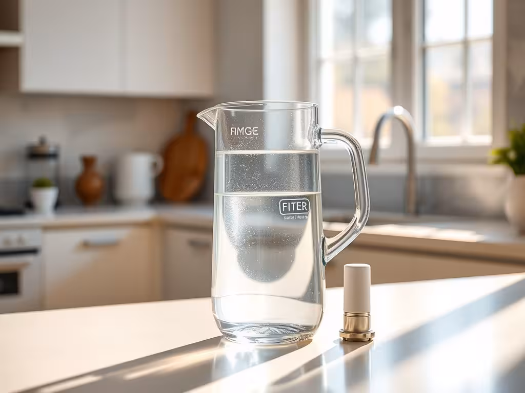 Carafe d'eau filtrée cristalline sur un comptoir de cuisine lumineux, illustration des pratiques domestiques accessibles