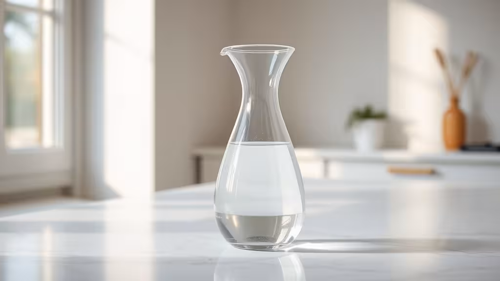 Carafe d'eau cristalline illuminée à la lumière naturelle, symbolisant la pureté et le potentiel de l'eau magnétisée