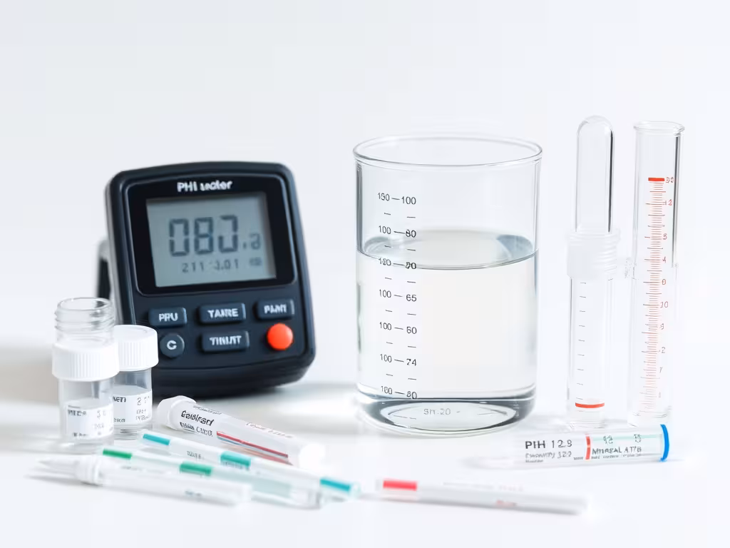 Kit de tests de qualité d'eau avec instruments de mesure, rappelant l'importance de la vérification scientifique et les limites de la magnétisation