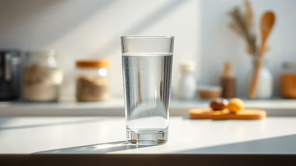 Verre d'eau cristalline osmosée sur plan de travail de cuisine, lumière naturelle, minéraux en arrière-plan