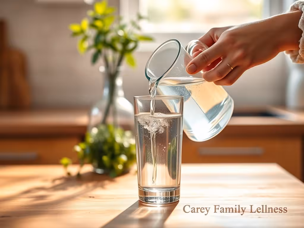 Versement d'eau filtrée dans un verre, illustration du soin apporté à la qualité de l'eau familiale