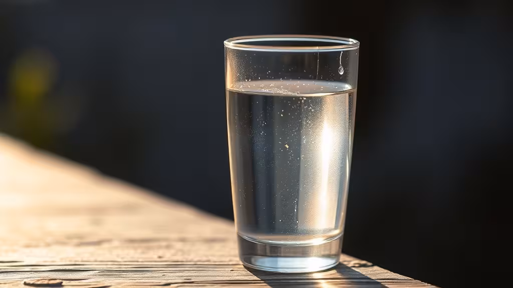 Verre d'eau cristalline illuminé par la lumière naturelle du matin.