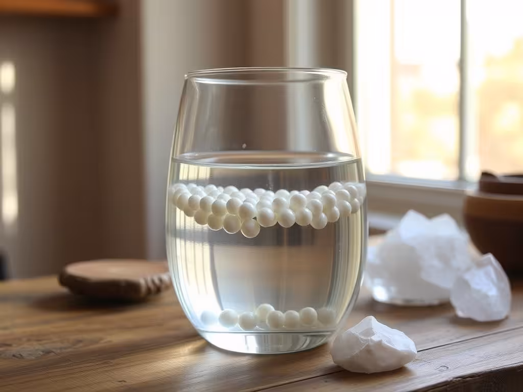 Mise en place maison pour structurer l'eau : verre, perles de céramique, cristaux naturels.