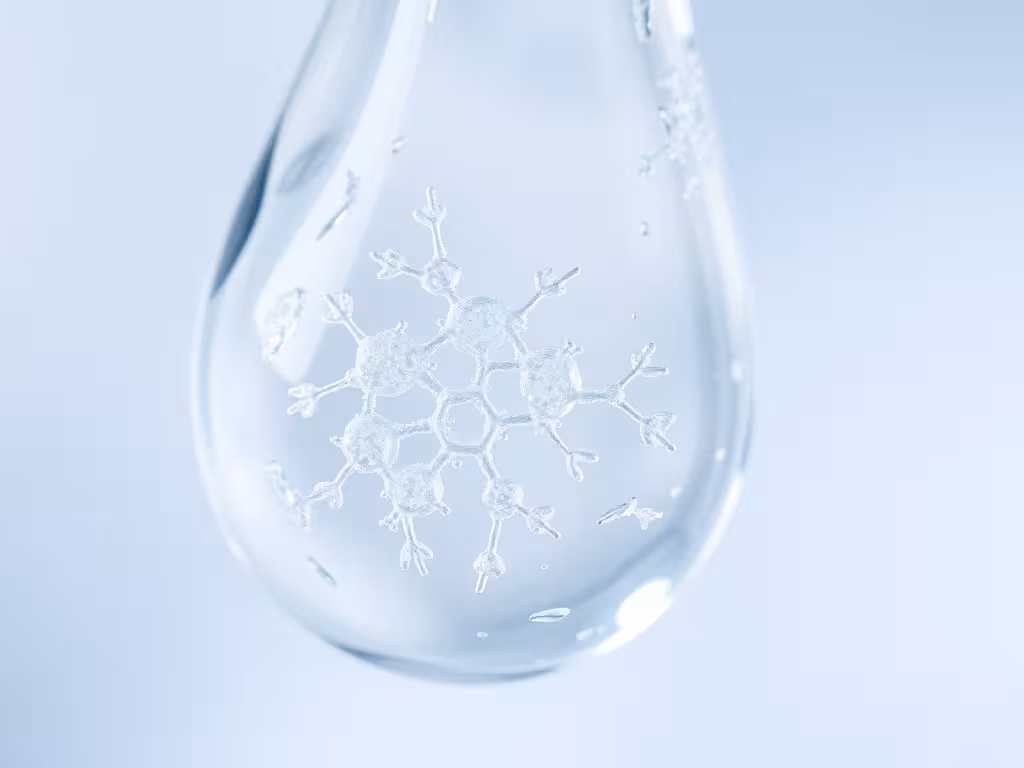 Gros plan d'une goutte d'eau avec cristaux visibles, illustrant la structure microscopique et cristalline de l'eau