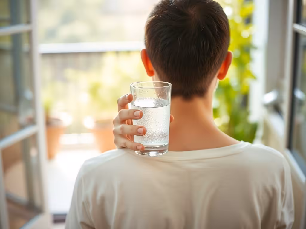 Personne de dos tenant un verre d'eau claire dans un jardin ensoleillé, symbolisant l'approche quotidienne de l'eau vivante