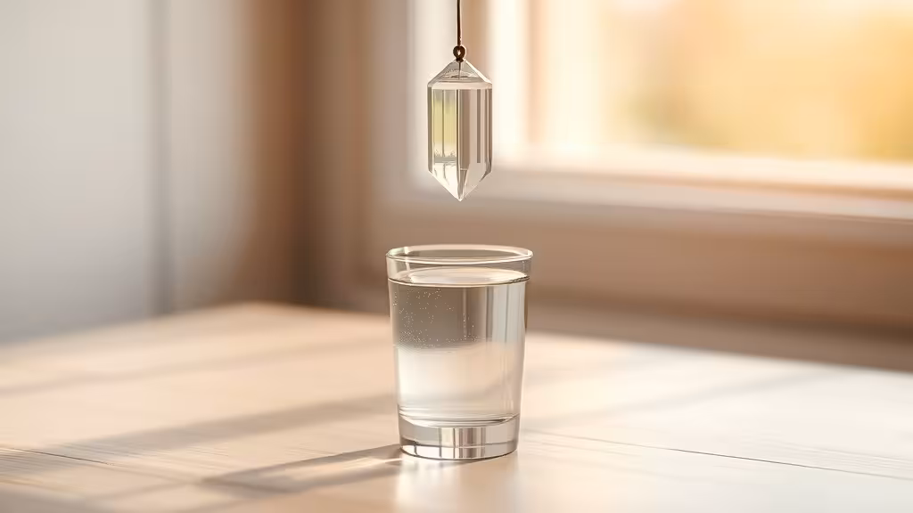 Pendule en cristal au-dessus d'un verre d'eau clair, illustration de la mesure du taux vibratoire par l'échelle de Bovis