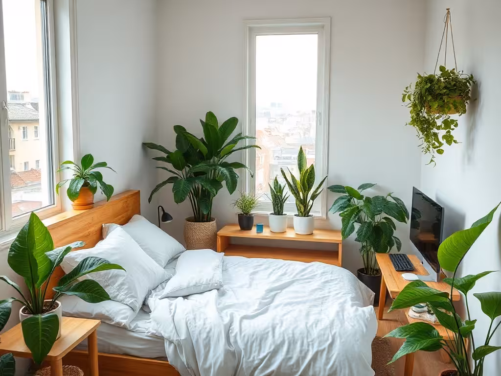 Chambre réaménagée avec plantes et solutions concrètes pour réduire l'électromagnétisme.
