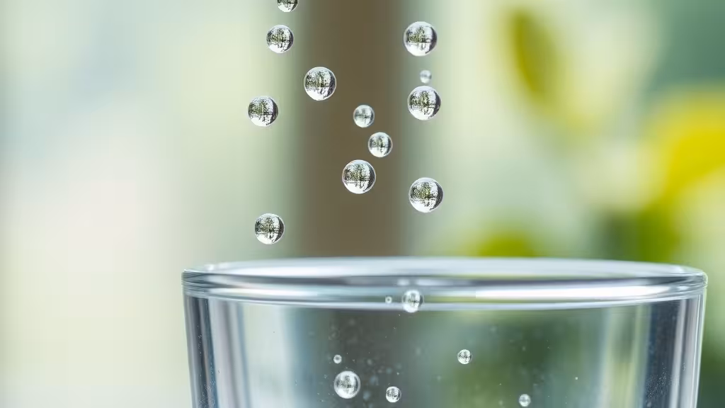 Gouttelettes d'eau en suspension avec lumière naturelle révélant la structure de l'eau