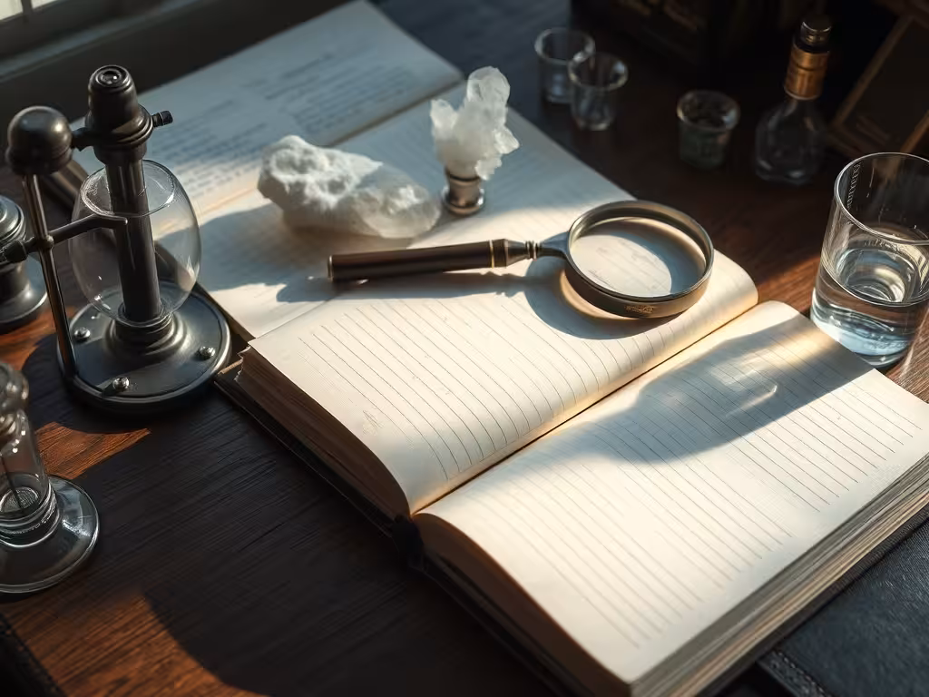 Bureau de laboratoire scientifique ancien avec instruments et cristaux de quartz