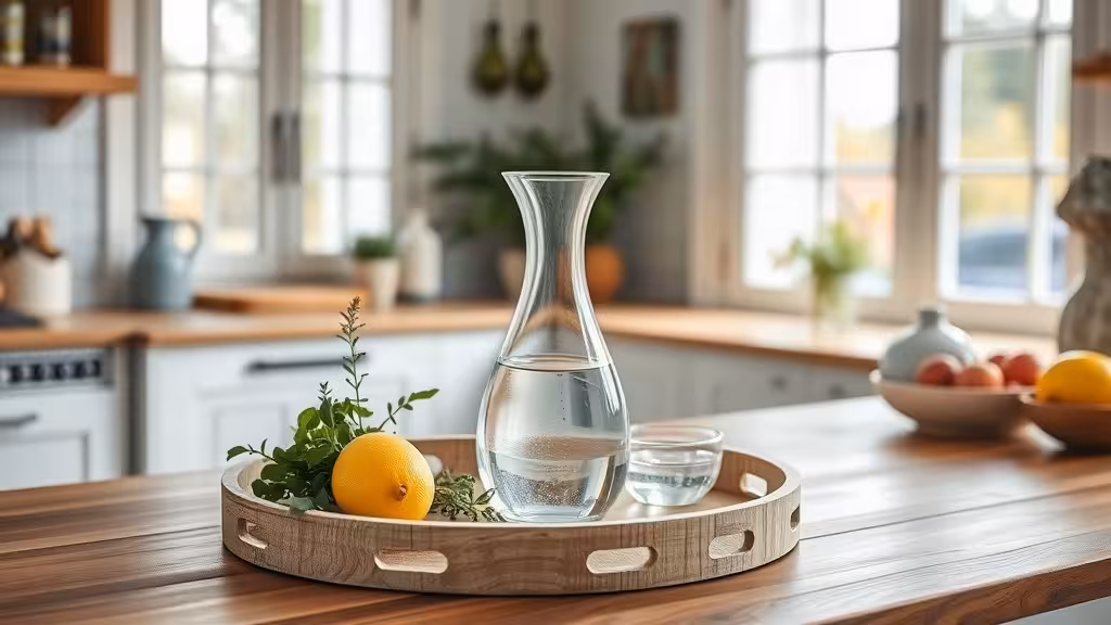 Énergiseur MOM33 avis : plateau avec carafe d’eau et aliments dans une cuisine lumineuse.