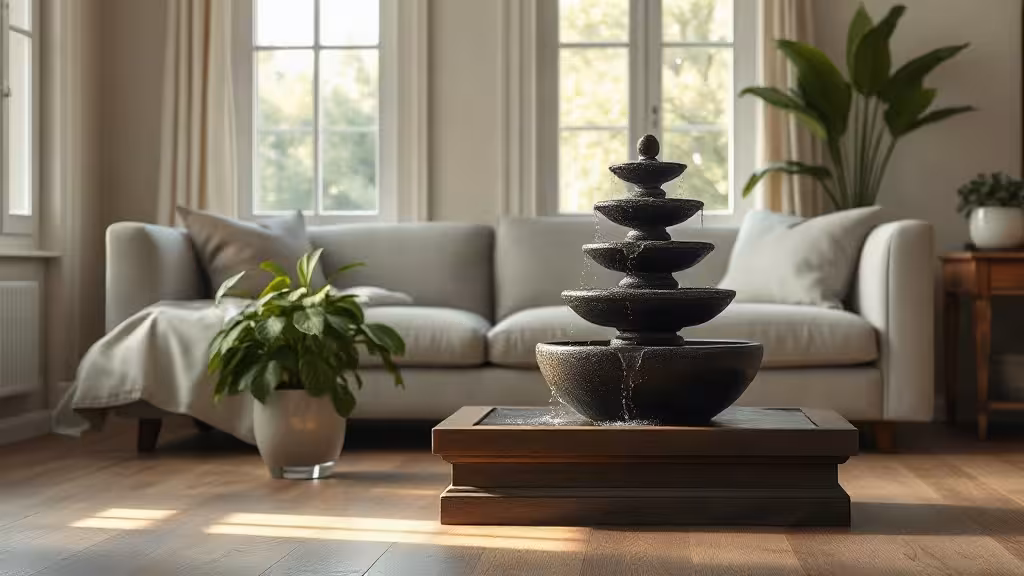 Fontaine feng shui d’intérieur dans un salon lumineux aux matières naturelles