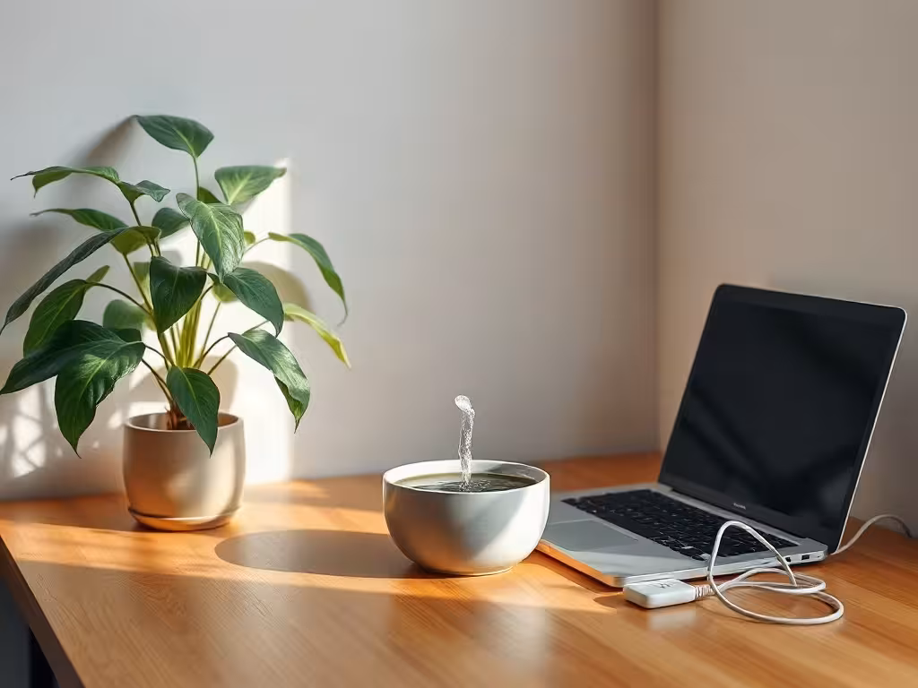 Emplacement d’une fontaine feng shui dans un bureau calme et dégagé