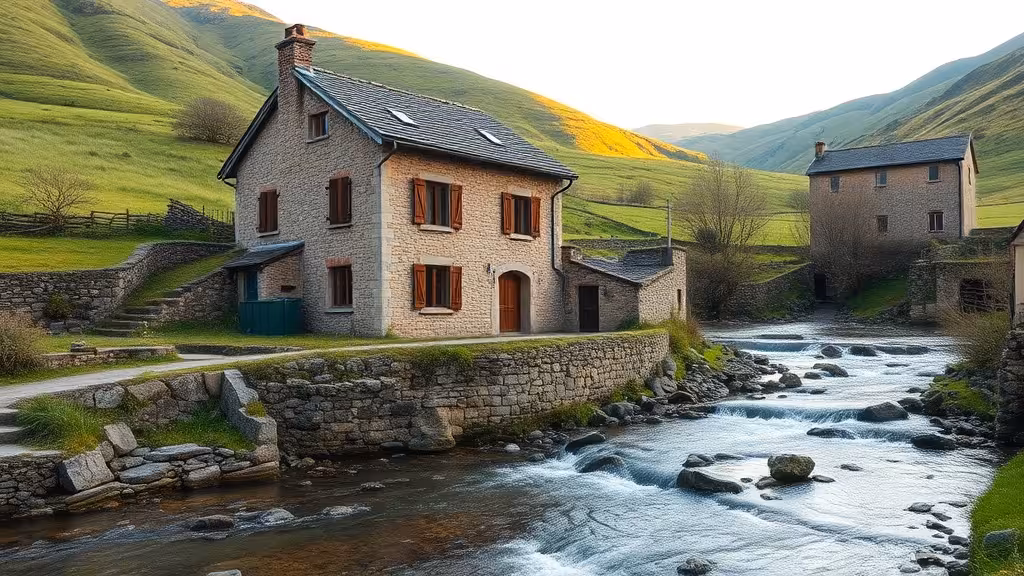 Maison rurale en harmonie avec son environnement naturel, entourée d'eau souterraine et de paysage verdoyant.