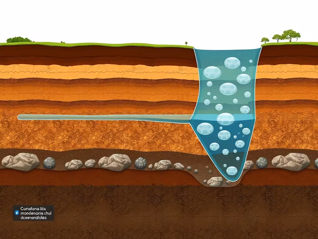 Coupe géologique souterraine montrant la nappe phréatique, les couches de sol et les ressources hydriques souterraines.