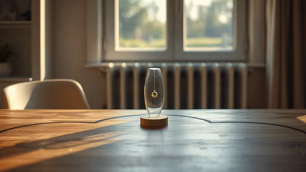 Lemniscate symbole en photo éditoriale avec pendule et ambiance naturelle.