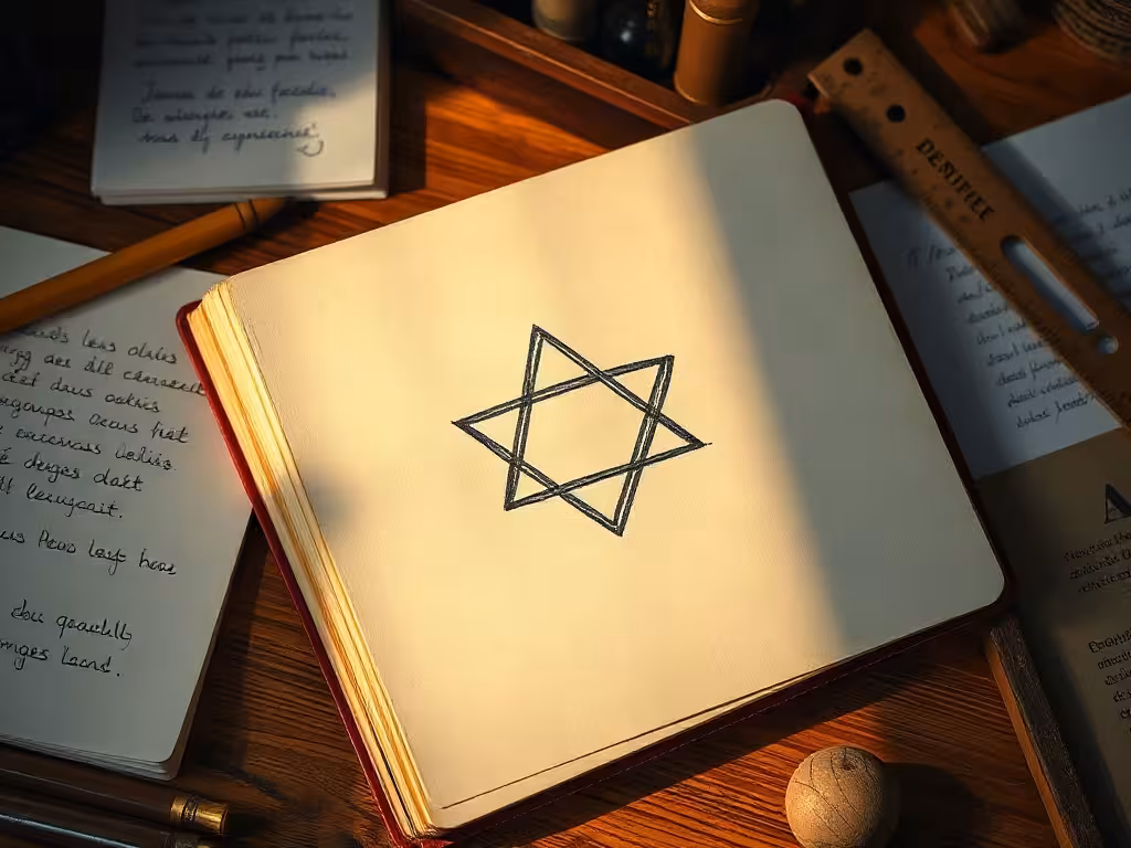 Symbole lemniscate et origine graphique dans un carnet, en style éditorial.