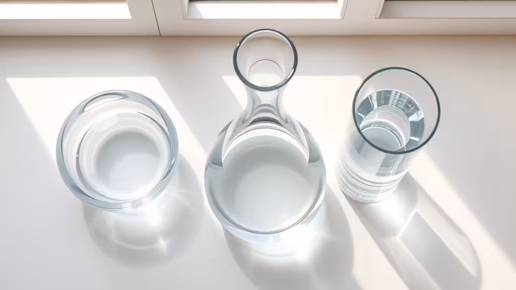Récipients en verre de différentes formes géométriques remplis d'eau, éclairés par lumière naturelle