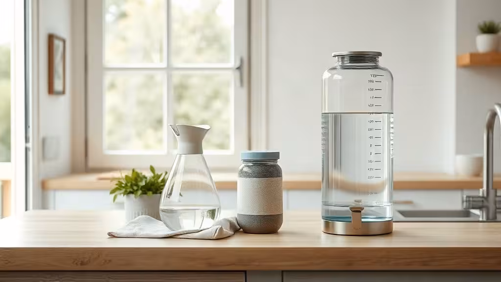 Packs Espace Mom comparatif avec trois solutions d’eau présentées dans une cuisine lumineuse